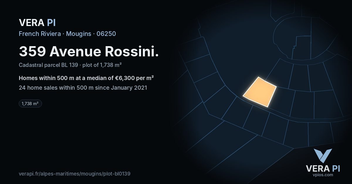 359 Avenue Rossini, Mougins at night – the plot lit, the parcels around coloured by the prices near them