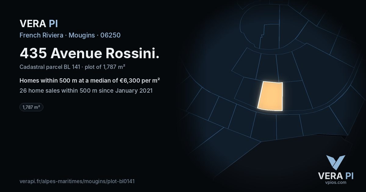 435 Avenue Rossini, Mougins at night – the plot lit, the parcels around coloured by the prices near them