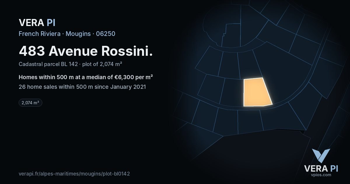 483 Avenue Rossini, Mougins at night – the plot lit, the parcels around coloured by the prices near them