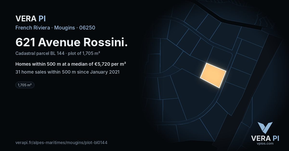 621 Avenue Rossini, Mougins at night – the plot lit, the parcels around coloured by the prices near them