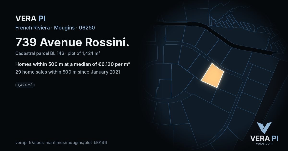 739 Avenue Rossini, Mougins at night – the plot lit, the parcels around coloured by the prices near them