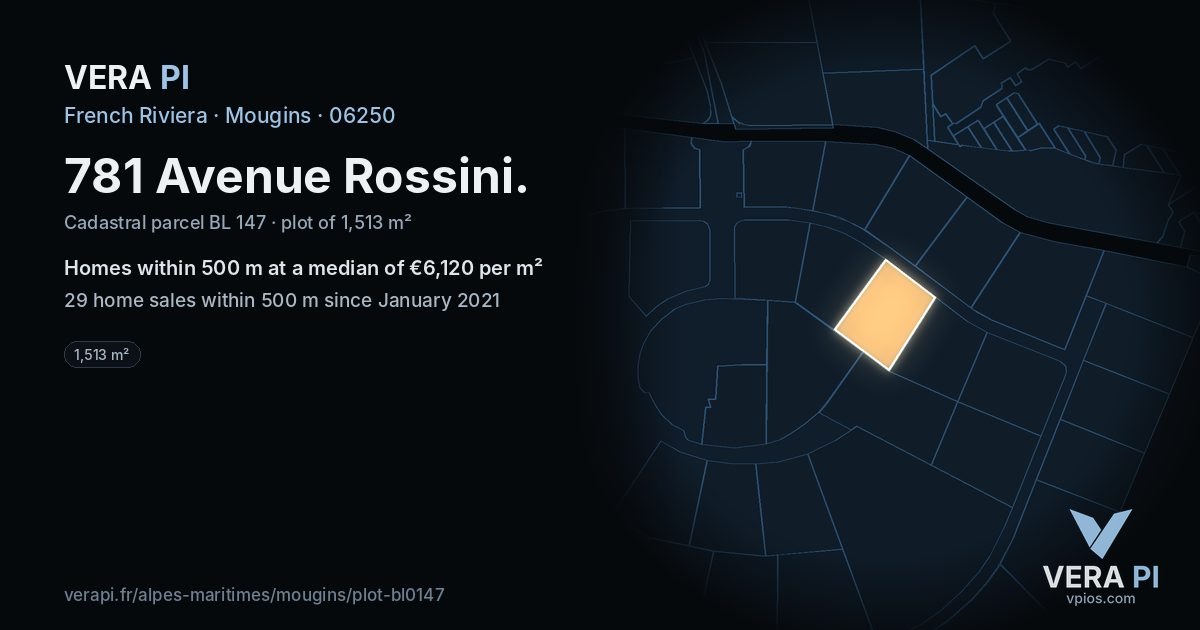 781 Avenue Rossini, Mougins at night – the plot lit, the parcels around coloured by the prices near them