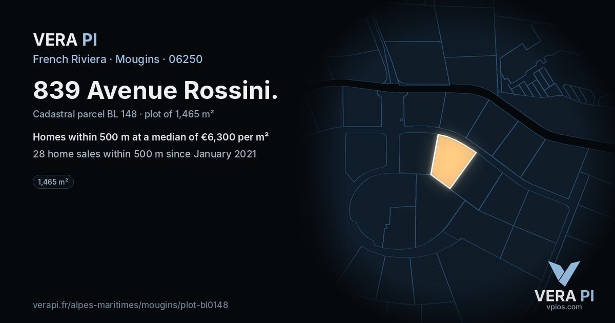 839 Avenue Rossini, Mougins at night – the plot lit, the parcels around coloured by the prices near them