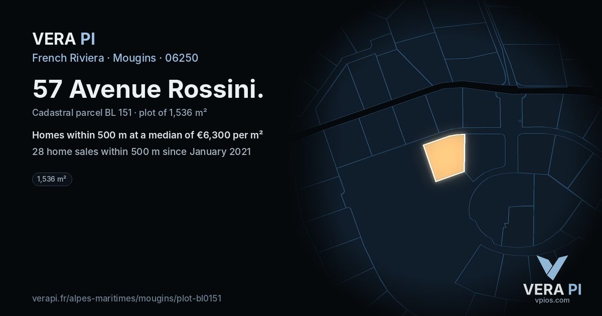 57 Avenue Rossini, Mougins at night – the plot lit, the parcels around coloured by the prices near them