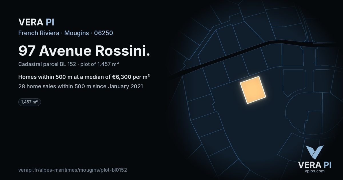 97 Avenue Rossini, Mougins at night – the plot lit, the parcels around coloured by the prices near them