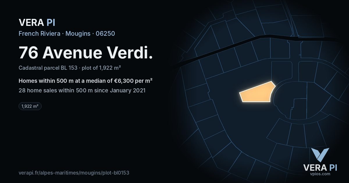76 Avenue Verdi, Mougins at night – the plot lit, the parcels around coloured by the prices near them