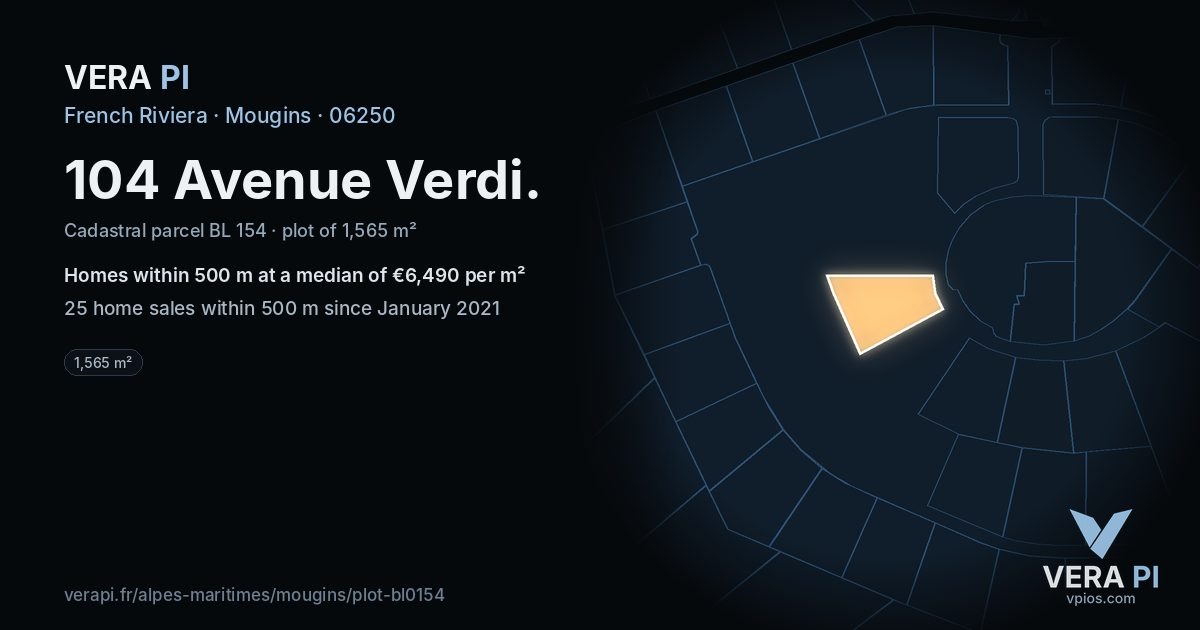 104 Avenue Verdi, Mougins at night – the plot lit, the parcels around coloured by the prices near them