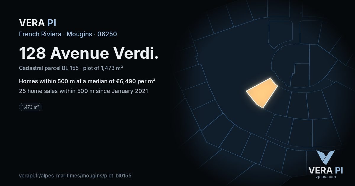 128 Avenue Verdi, Mougins at night – the plot lit, the parcels around coloured by the prices near them