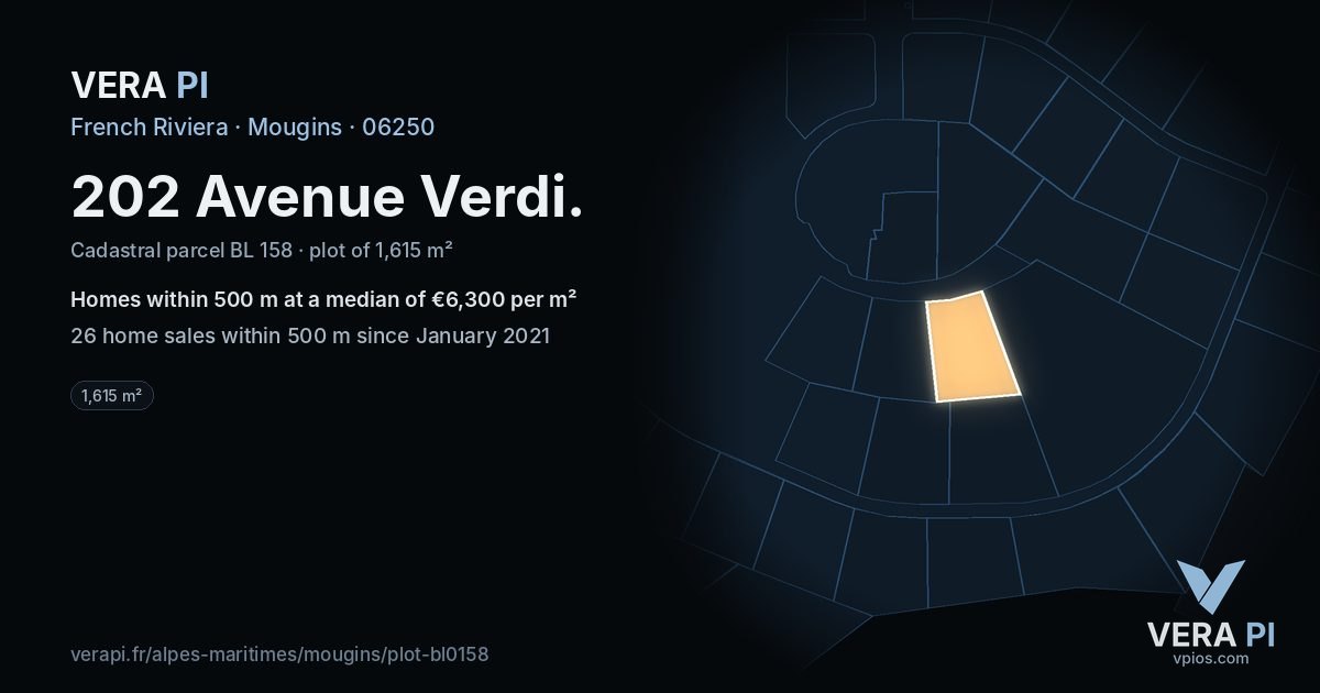 202 Avenue Verdi, Mougins at night – the plot lit, the parcels around coloured by the prices near them