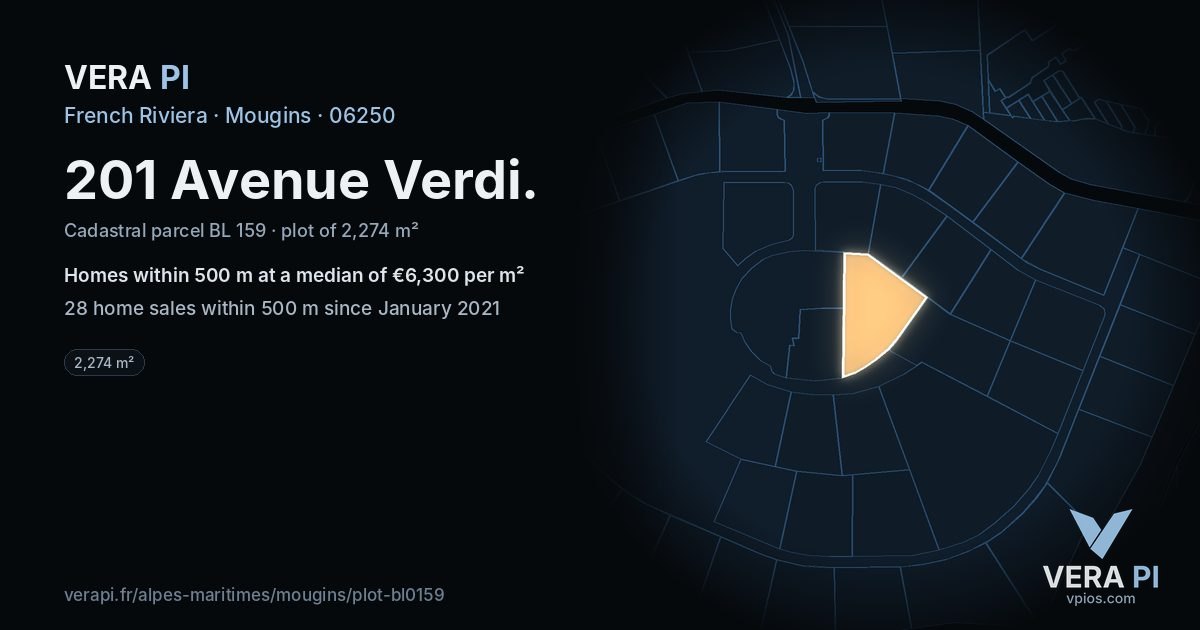 201 Avenue Verdi, Mougins at night – the plot lit, the parcels around coloured by the prices near them