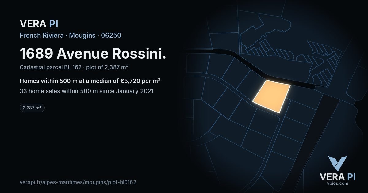 1689 Avenue Rossini, Mougins at night – the plot lit, the parcels around coloured by the prices near them