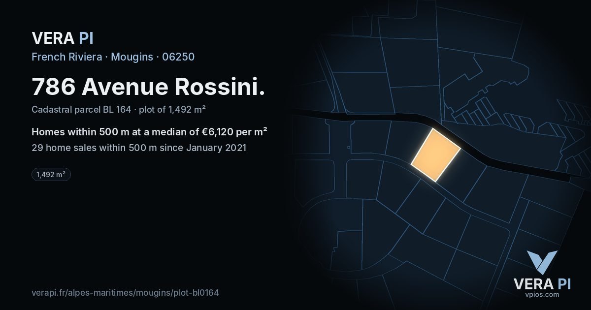 786 Avenue Rossini, Mougins at night – the plot lit, the parcels around coloured by the prices near them