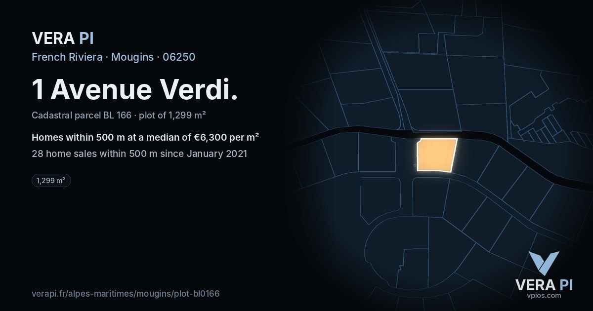 1 Avenue Verdi, Mougins at night – the plot lit, the parcels around coloured by the prices near them