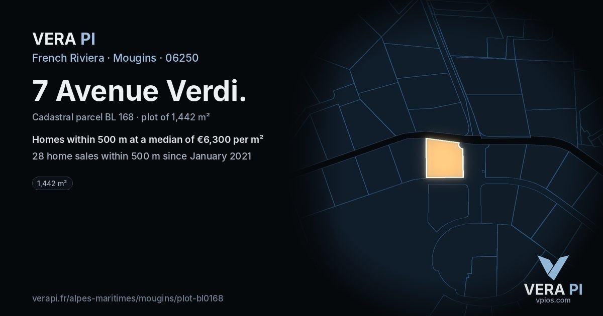 7 Avenue Verdi, Mougins at night – the plot lit, the parcels around coloured by the prices near them