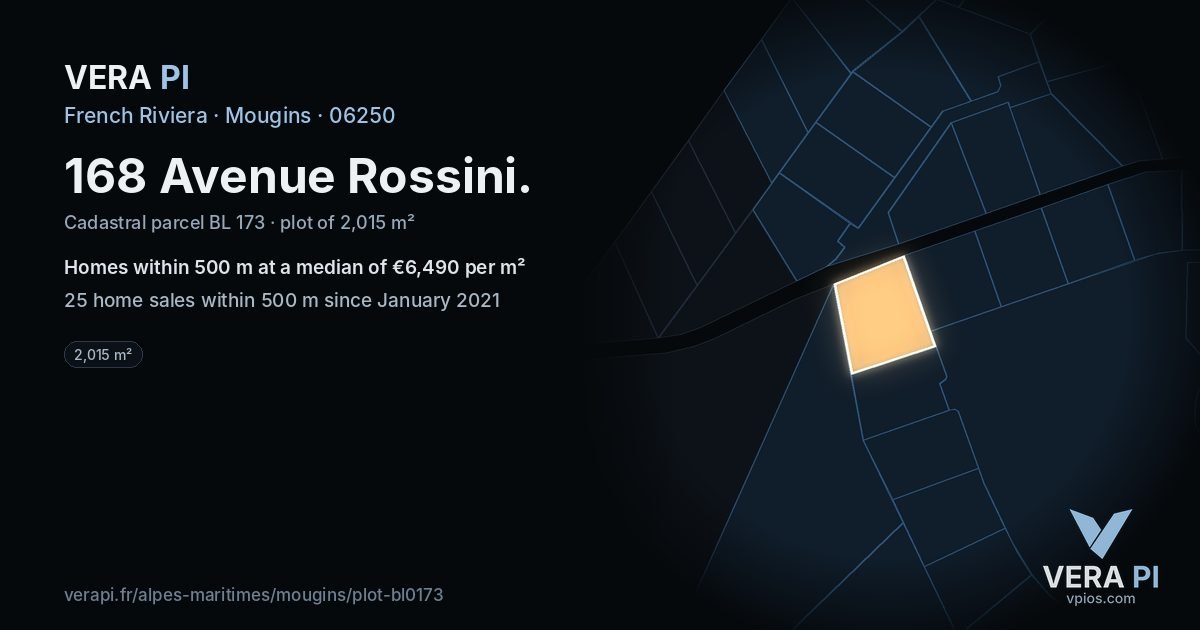168 Avenue Rossini, Mougins at night – the plot lit, the parcels around coloured by the prices near them