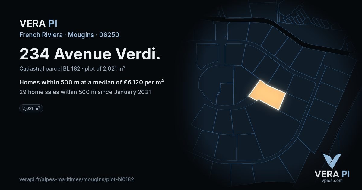 234 Avenue Verdi, Mougins at night – the plot lit, the parcels around coloured by the prices near them