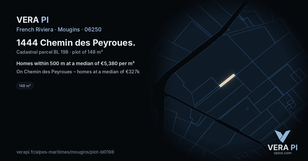 1444 Chemin des Peyroues, Mougins at night – the plot lit, the parcels around coloured by the prices near them