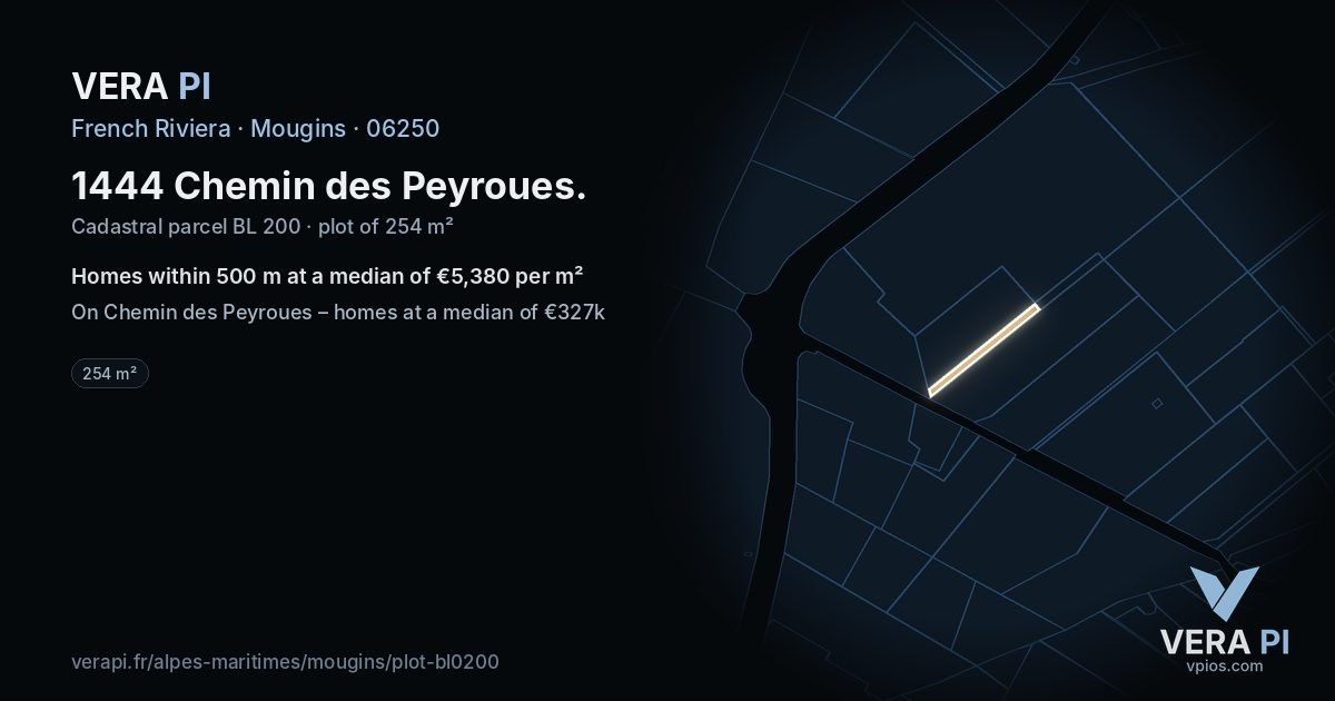 1444 Chemin des Peyroues, Mougins at night – the plot lit, the parcels around coloured by the prices near them