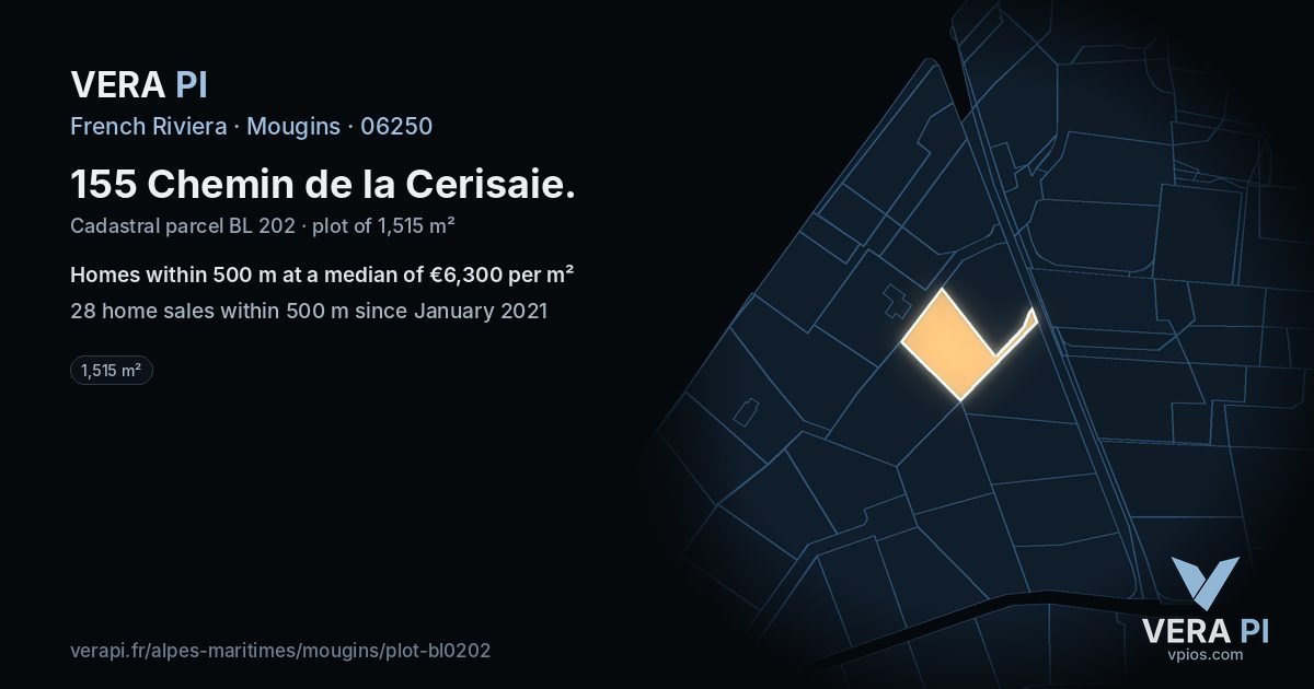 155 Chemin de la Cerisaie, Mougins at night – the plot lit, the parcels around coloured by the prices near them