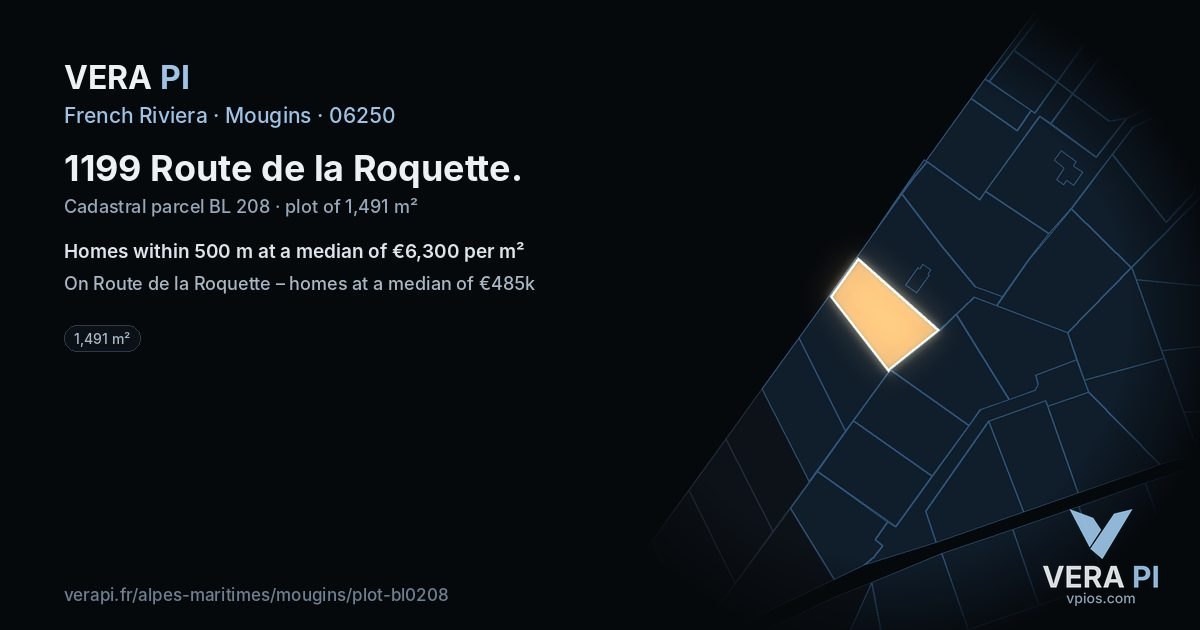 1199 Route de la Roquette, Mougins at night – the plot lit, the parcels around coloured by the prices near them