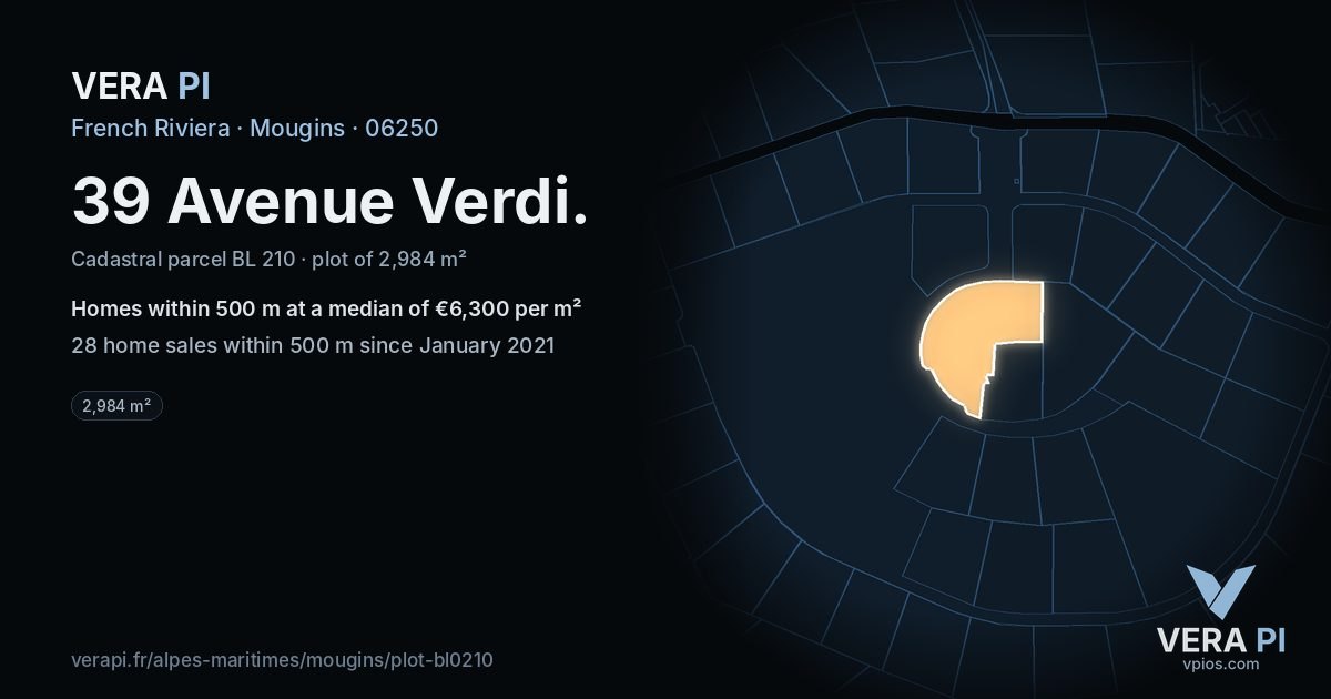 39 Avenue Verdi, Mougins at night – the plot lit, the parcels around coloured by the prices near them