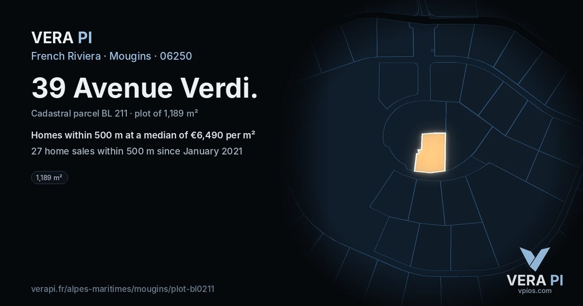 39 Avenue Verdi, Mougins at night – the plot lit, the parcels around coloured by the prices near them