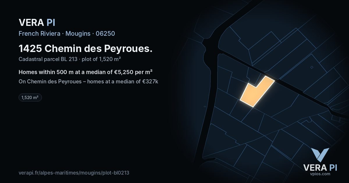 1425 Chemin des Peyroues, Mougins at night – the plot lit, the parcels around coloured by the prices near them