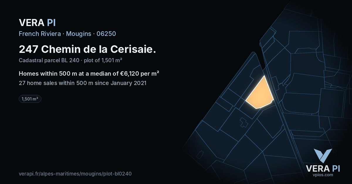 247 Chemin de la Cerisaie, Mougins at night – the plot lit, the parcels around coloured by the prices near them