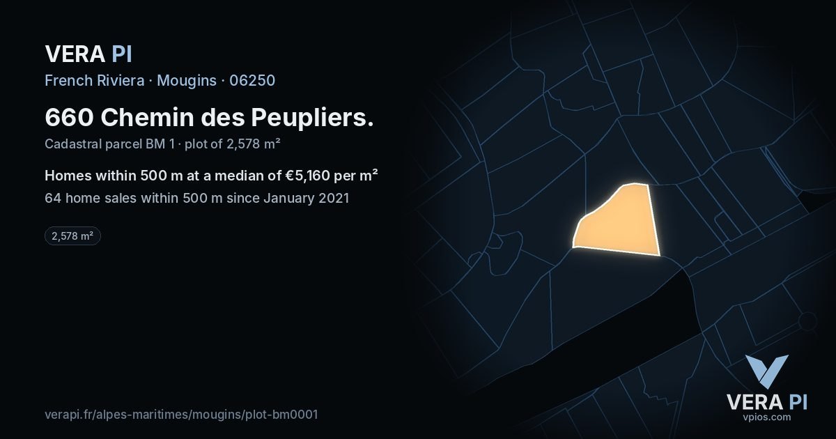 660 Chemin des Peupliers, Mougins at night – the plot lit, the parcels around coloured by the prices near them
