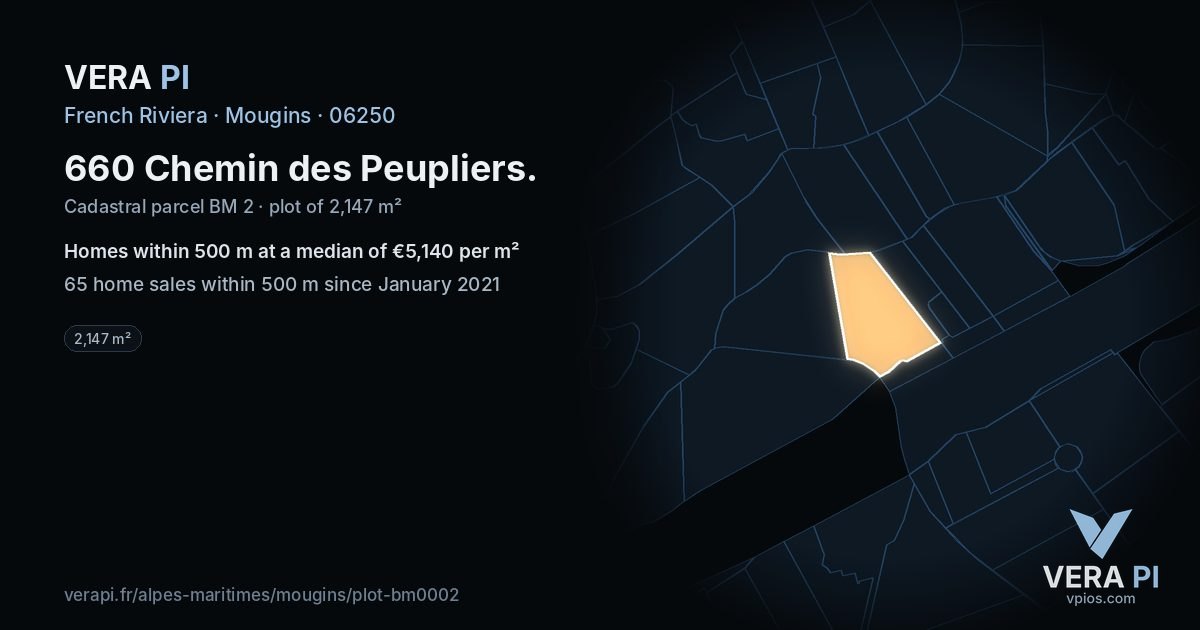 660 Chemin des Peupliers, Mougins at night – the plot lit, the parcels around coloured by the prices near them