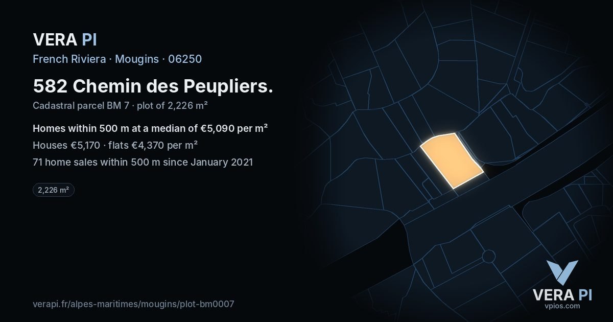 582 Chemin des Peupliers, Mougins at night – the plot lit, the parcels around coloured by the prices near them