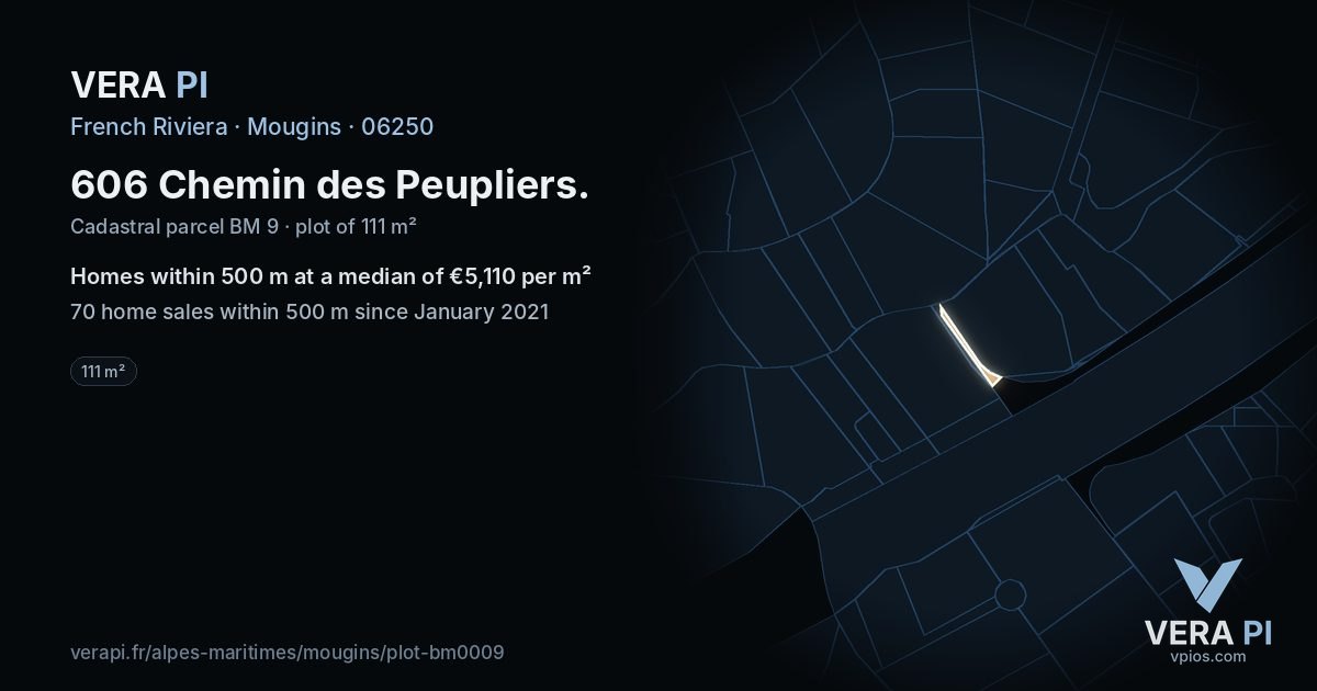 606 Chemin des Peupliers, Mougins at night – the plot lit, the parcels around coloured by the prices near them