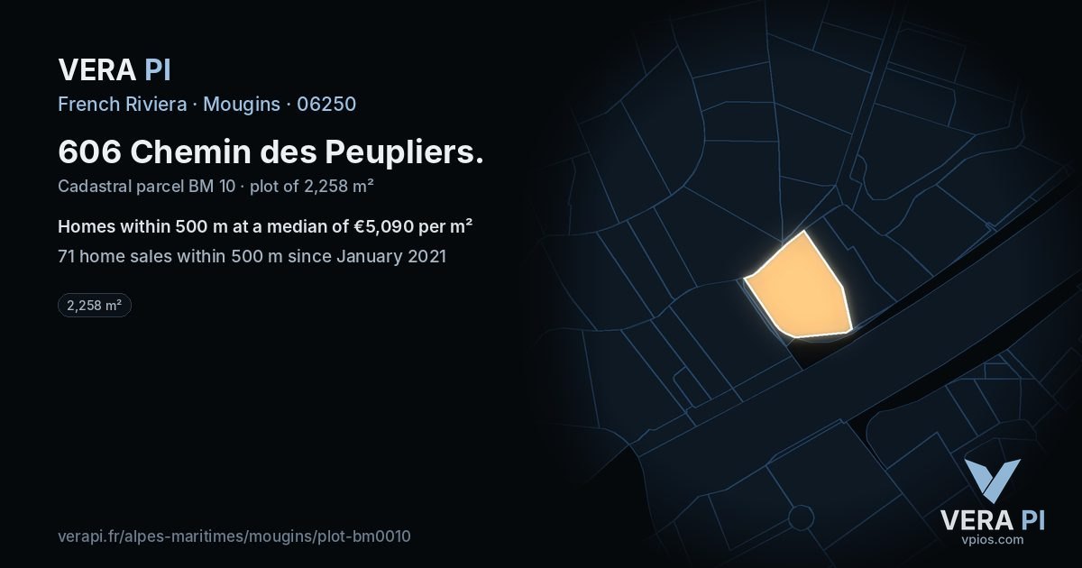 606 Chemin des Peupliers, Mougins at night – the plot lit, the parcels around coloured by the prices near them