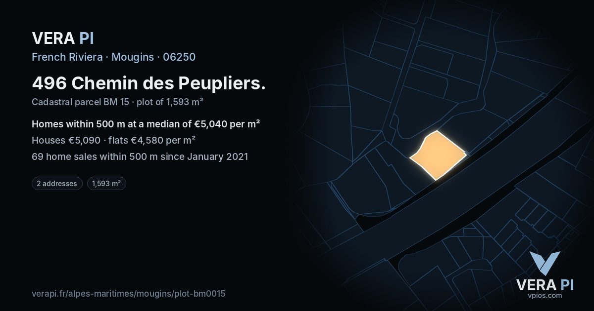 496 Chemin des Peupliers, Mougins at night – the plot lit, the parcels around coloured by the prices near them