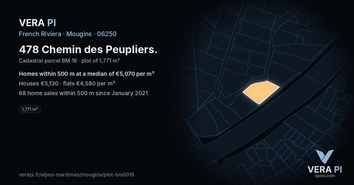478 Chemin des Peupliers, Mougins at night – the plot lit, the parcels around coloured by the prices near them