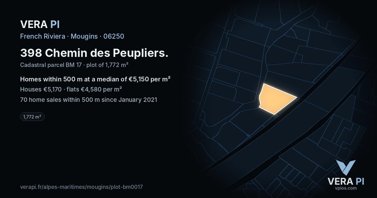398 Chemin des Peupliers, Mougins at night – the plot lit, the parcels around coloured by the prices near them