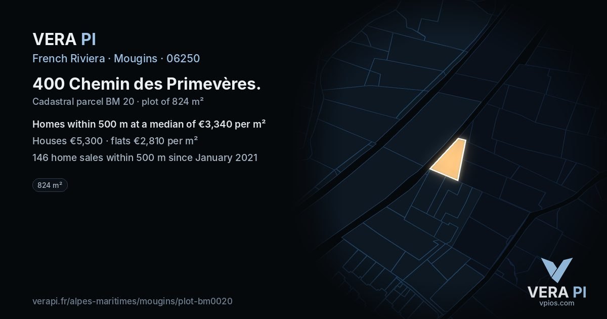 400 Chemin des Primevères, Mougins at night – the plot lit, the parcels around coloured by the prices near them