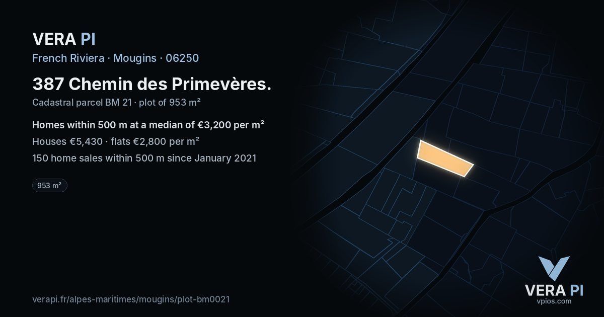 387 Chemin des Primevères, Mougins at night – the plot lit, the parcels around coloured by the prices near them