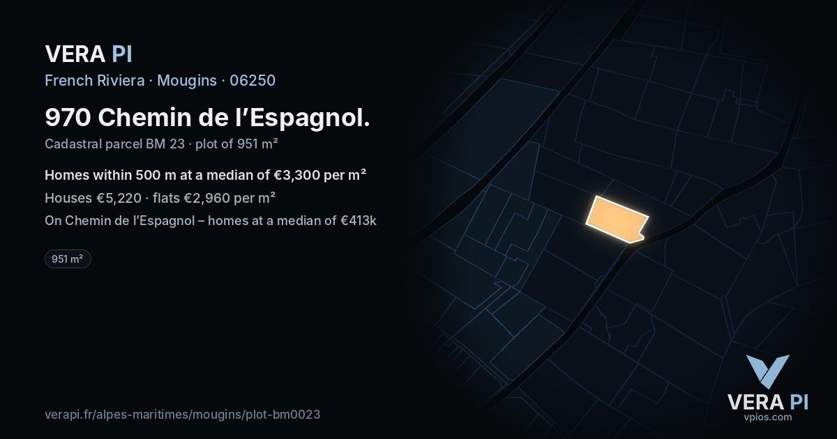 970 Chemin de l’Espagnol, Mougins at night – the plot lit, the parcels around coloured by the prices near them