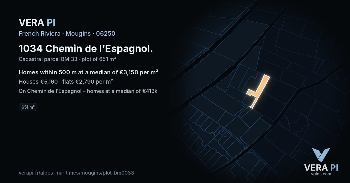 1034 Chemin de l’Espagnol, Mougins at night – the plot lit, the parcels around coloured by the prices near them