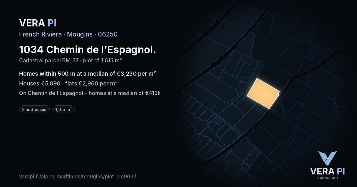 1034 Chemin de l’Espagnol, Mougins at night – the plot lit, the parcels around coloured by the prices near them
