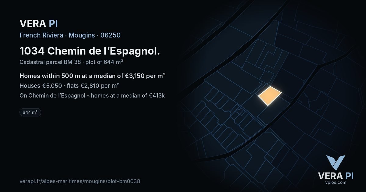 1034 Chemin de l’Espagnol, Mougins at night – the plot lit, the parcels around coloured by the prices near them