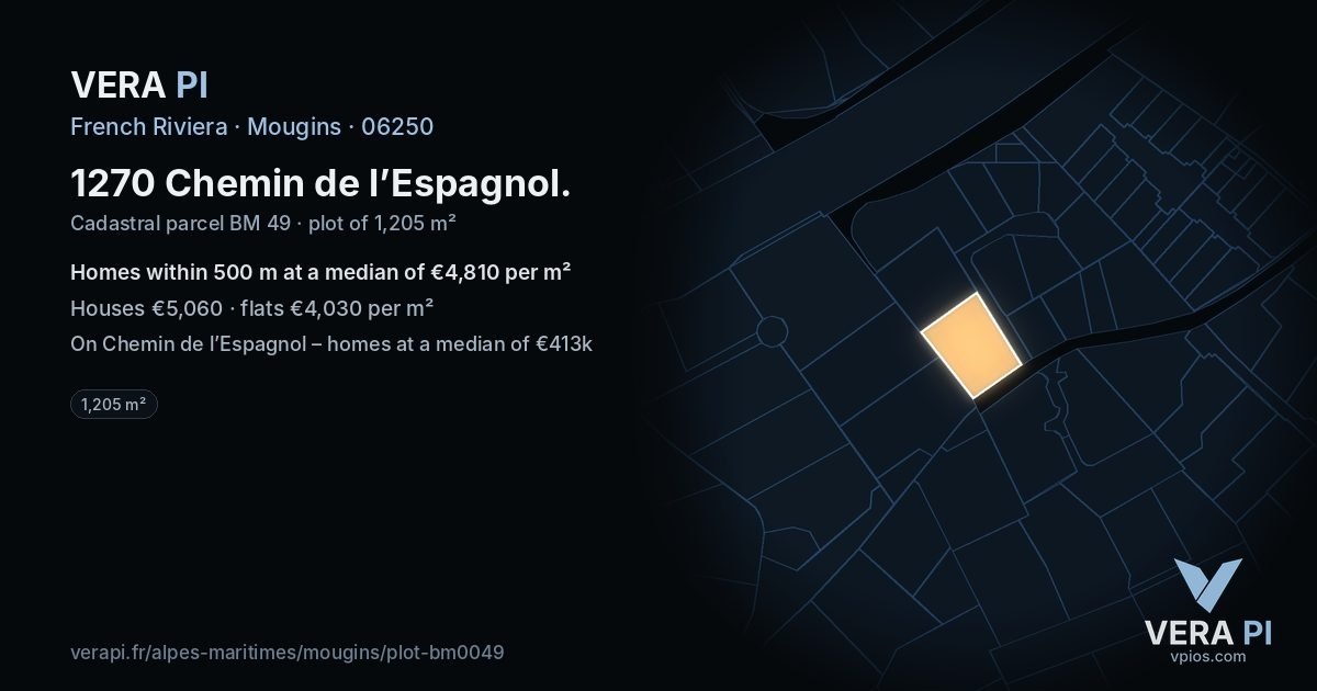 1270 Chemin de l’Espagnol, Mougins at night – the plot lit, the parcels around coloured by the prices near them