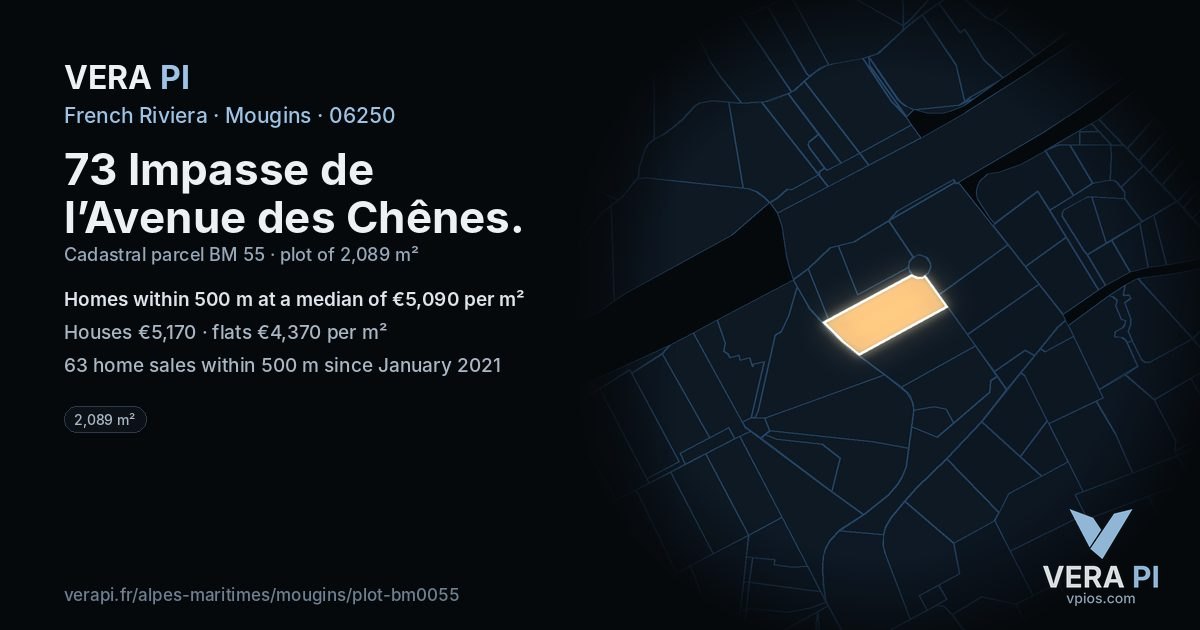 73 Impasse de l’Avenue des Chênes, Mougins at night – the plot lit, the parcels around coloured by the prices near them