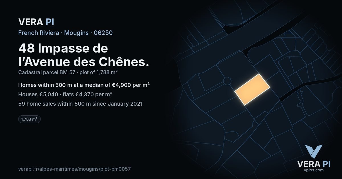 48 Impasse de l’Avenue des Chênes, Mougins at night – the plot lit, the parcels around coloured by the prices near them