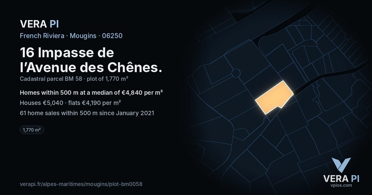 16 Impasse de l’Avenue des Chênes, Mougins at night – the plot lit, the parcels around coloured by the prices near them
