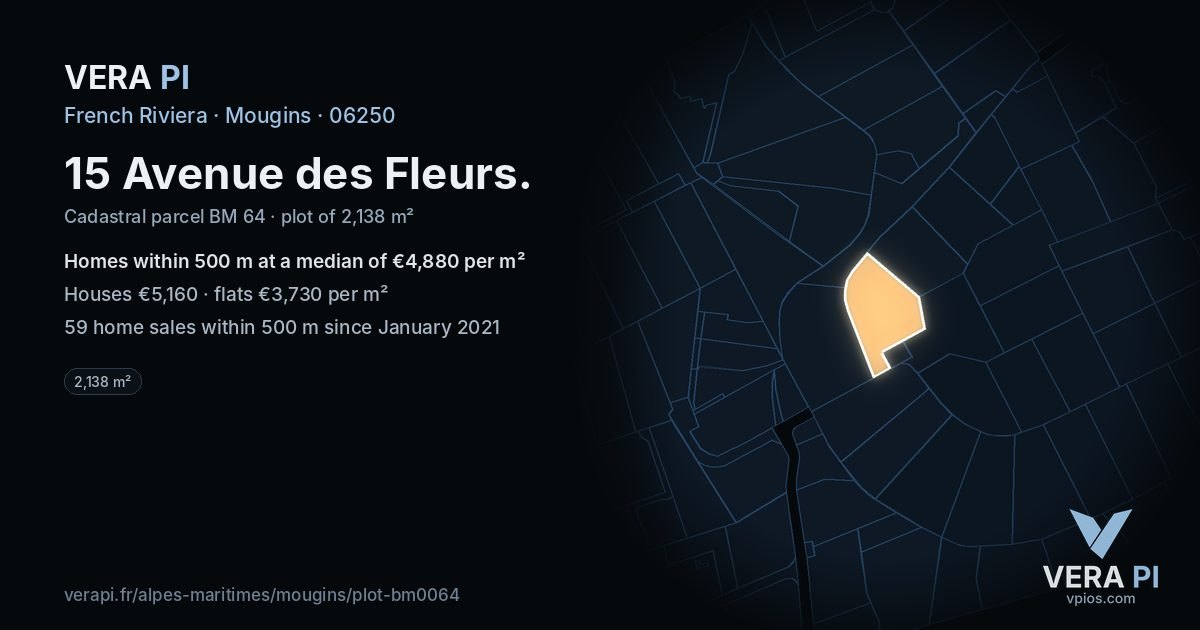 15 Avenue des Fleurs, Mougins at night – the plot lit, the parcels around coloured by the prices near them