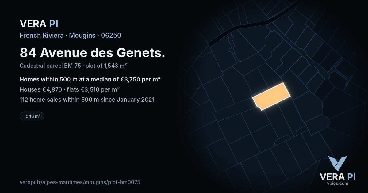 84 Avenue des Genets, Mougins at night – the plot lit, the parcels around coloured by the prices near them