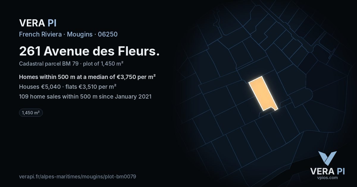 261 Avenue des Fleurs, Mougins at night – the plot lit, the parcels around coloured by the prices near them