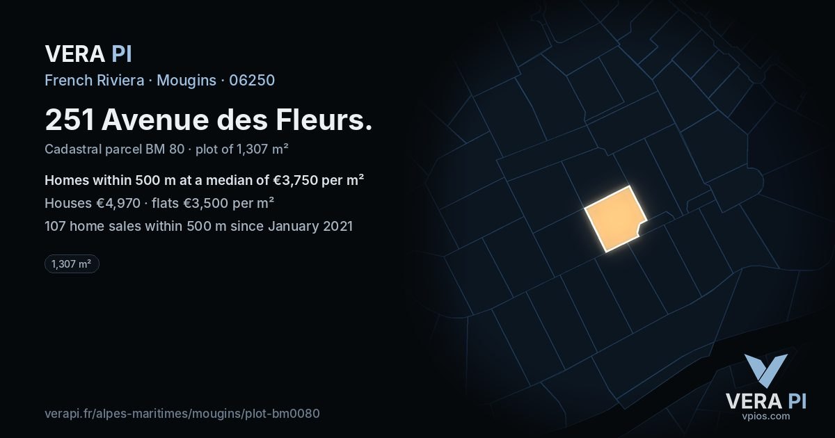 251 Avenue des Fleurs, Mougins at night – the plot lit, the parcels around coloured by the prices near them